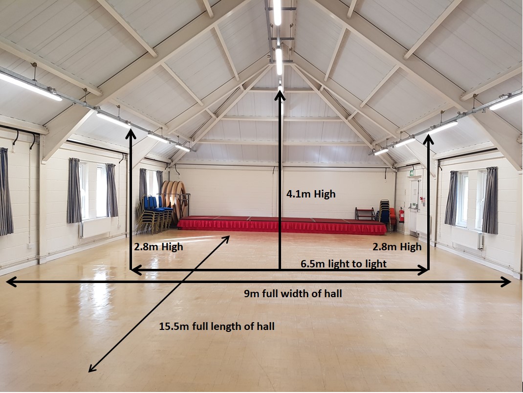 Main hall viewed towards the stage end of the room.